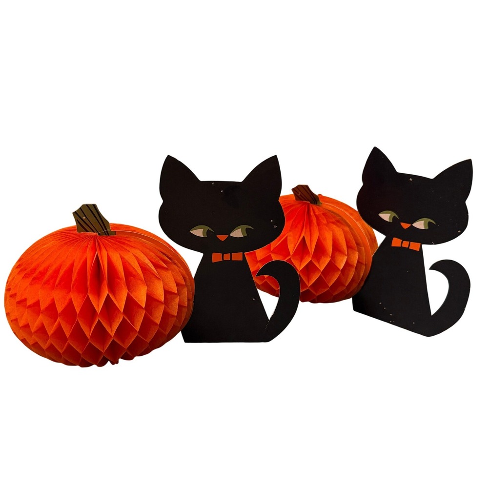 VTG Halloween Black Cat Pumpkin Die Cut honeycomb Decorations MCM